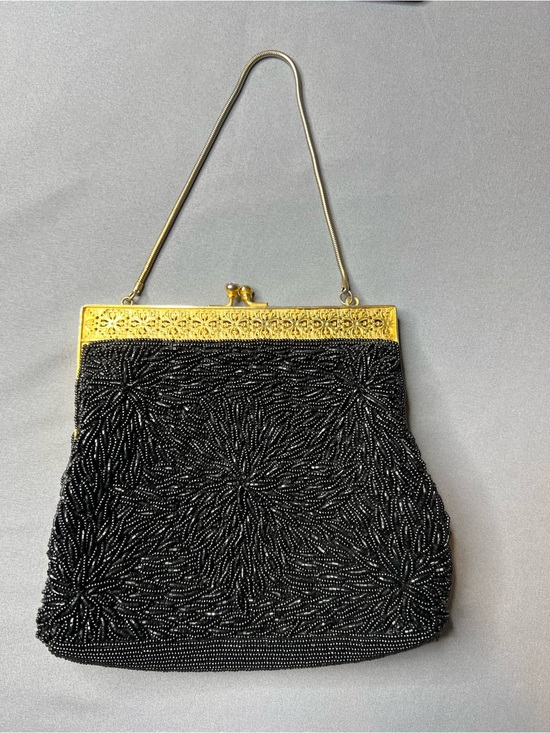 Handbags - Vintage Black Beaded Evening Bag Gold Frame Wedding Clutch